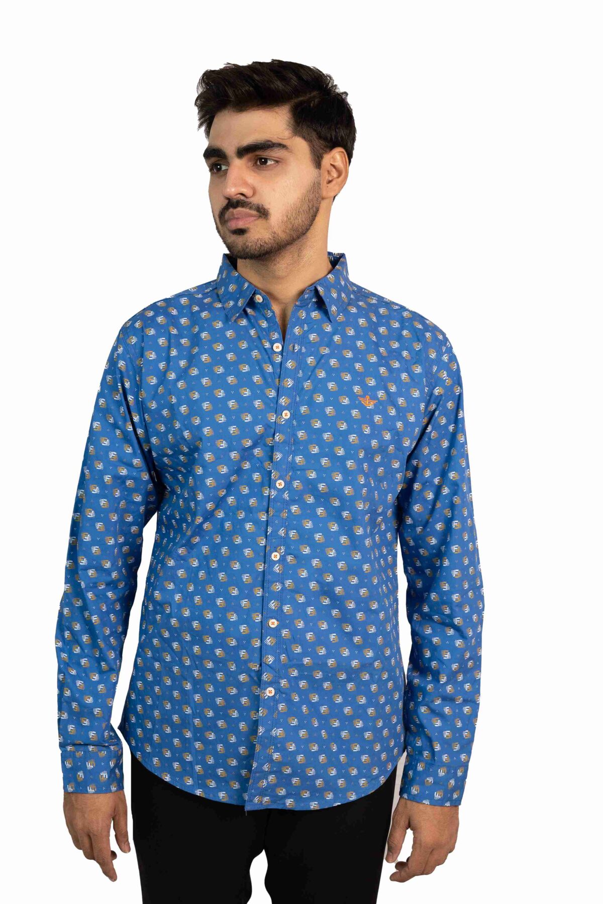 Full Sleeves Printed Cotton Shirt Blue