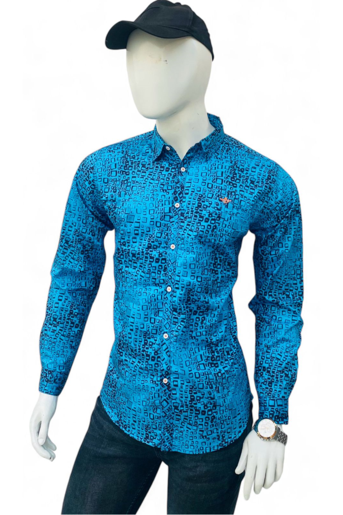 Full Sleeves Printed Cotton Shirt Blue